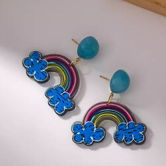 Rainbow Playful Acrylic Drop Earrings Fun Colorful - Picture 4 of 6